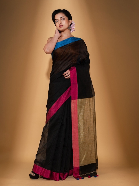 

BEATITUDE Black & Blue Zari Blended Cotton Woven Saree