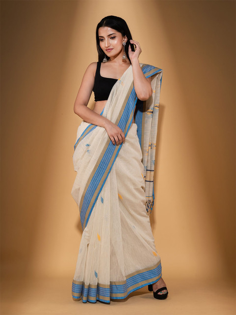 

BEATITUDE Off White & Blue Floral Pure Cotton Saree
