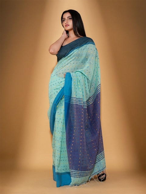 

BEATITUDE Green & Blue Woven Design Pure Cotton Saree