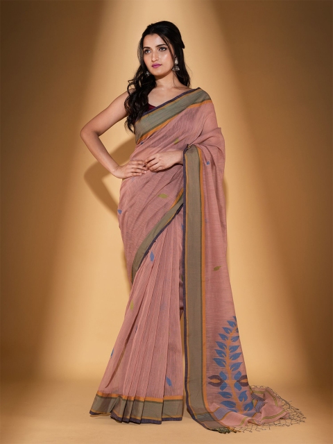 

BEATITUDE Peach-Coloured & Blue Floral Pure Cotton Saree