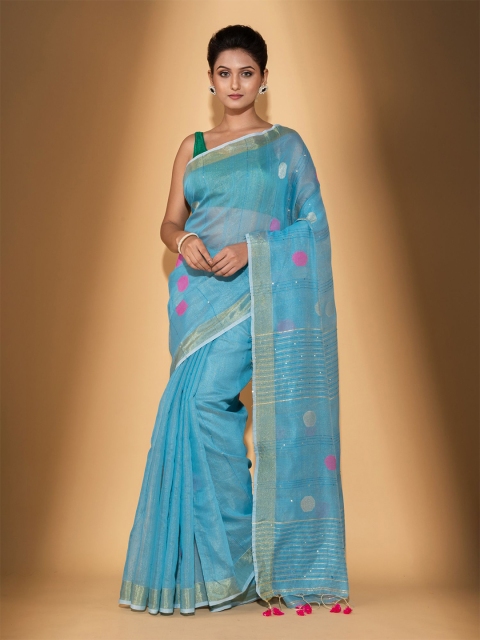 

BEATITUDE Blue & Pink Woven Design Blended Cotton Zari Saree