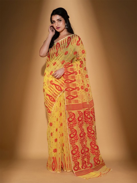 

BEATITUDE Yellow & Orange Ethnic Motifs Zari Silk Cotton Jamdani Saree