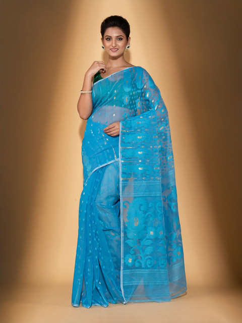 

BEATITUDE Blue & Silver-Toned Paisley Silk Cotton Saree