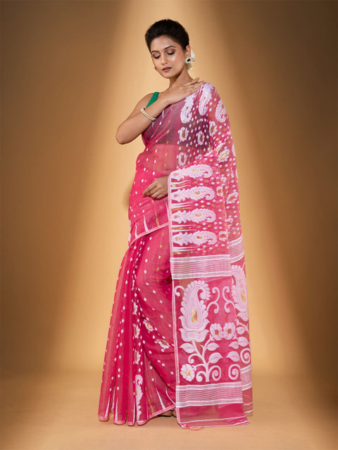 

BEATITUDE Pink & White Woven Design Zari Silk Cotton Jamdani Saree