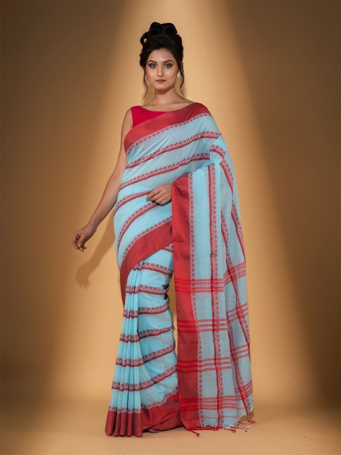 

BEATITUDE Blue & Red Striped Pure Cotton Saree