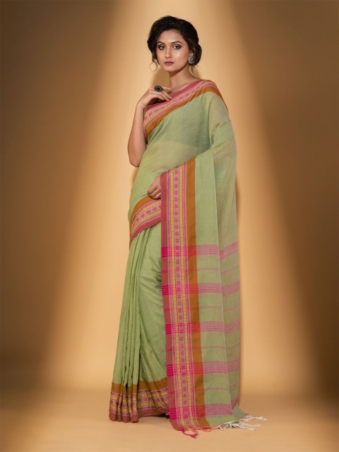 

BEATITUDE Olive Green & Pink Pure Cotton Saree With Unstitched Blouse Piece