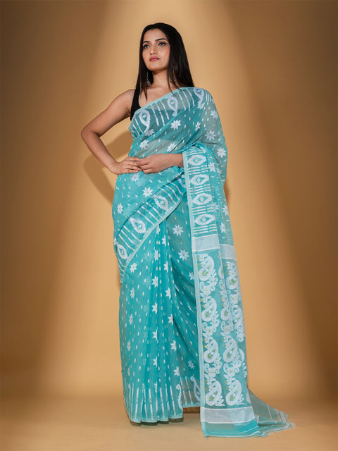 

BEATITUDE Blue & White Paisley Jamdani Saree