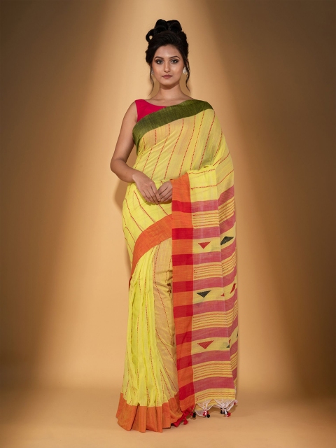 

BEATITUDE Yellow & Orange Striped Pure Cotton Saree