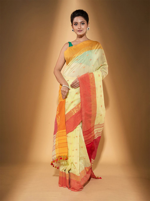 

BEATITUDE Yellow & Orange Ethnic Motifs Zari Pure Cotton Saree
