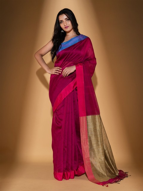 

BEATITUDE Women Pink & Maroon Cotton Blend Saree With Unstitched Blouse Piece