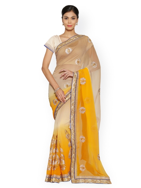 

Aaina Yellow & Beige Pure Chiffon Ombre-Dyed Saree