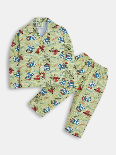 

Hopscotch Boys Green & Red Printed Pure Cotton Night suit