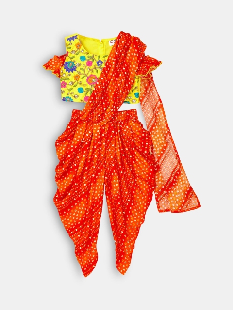 

Hopscotch Girls Embroidered Cotton Top with Printed Salwar & With Attached Dupatta, Orange