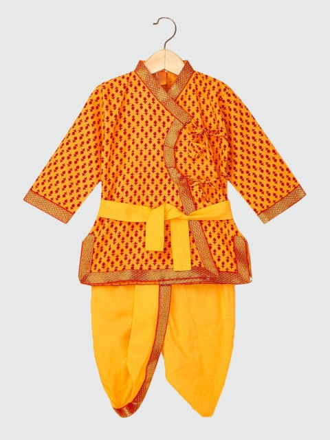 

Hopscotch Boys Yellow Printed Angrakha Pure Cotton Kurta with Dhoti Pants