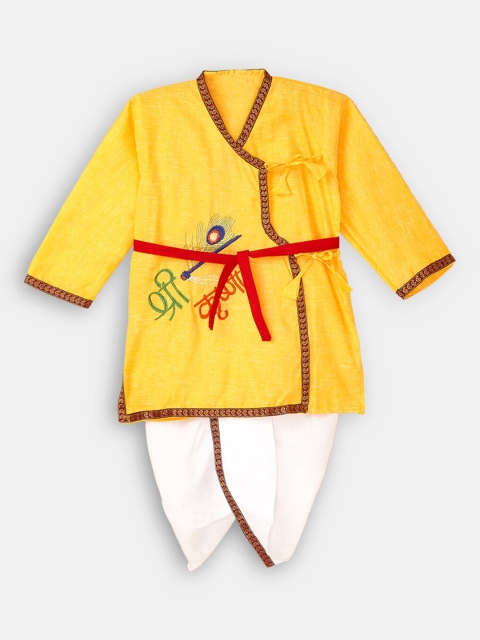 

Hopscotch Boys Yellow Embroidered Angrakha Pure Cotton Kurta with Dhoti Pants