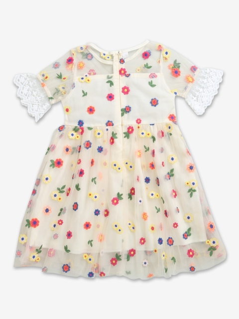 

Hopscotch Girls Cream-Coloured & Red Floral Embroidered Dress