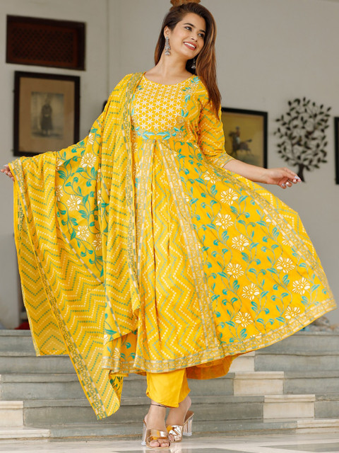 

TOULIN Women Mustard Yellow Ethnic Motifs Printed Thread Work Kurta with Trousers & With Dupatta