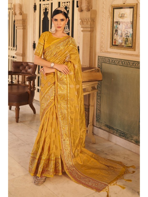 

KARAGIRI Yellow & Gold-Toned Woven Design Zari Organza Saree