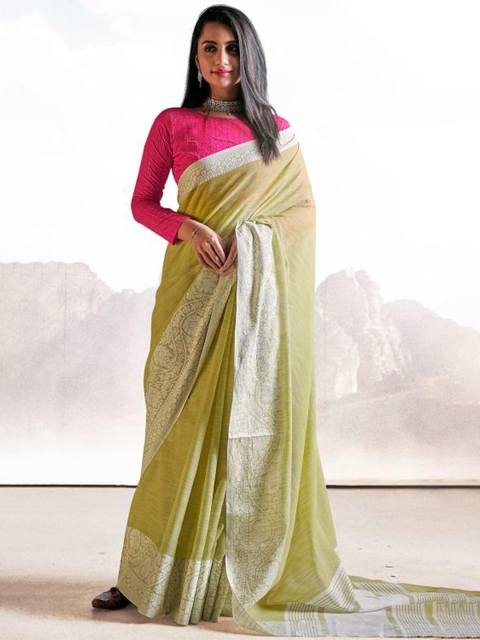 

KARAGIRI Green & Silver-Toned Zari Linen Saree
