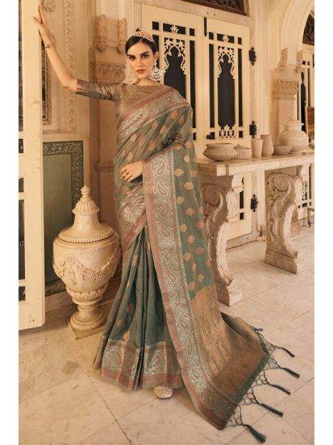 

KARAGIRI Grey & Gold-Toned Woven Design Zari Organza Saree