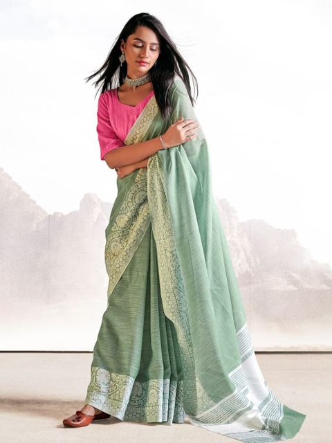 

KARAGIRI Green & Silver-Toned Floral Linen Blend Saree
