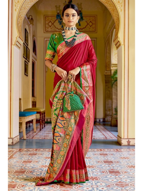 

KARAGIRI Red & Green Zari Saree