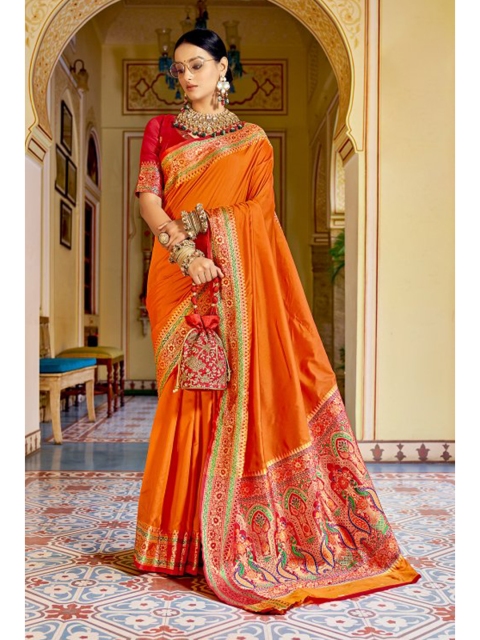 

KARAGIRI Orange & Green Zari Saree