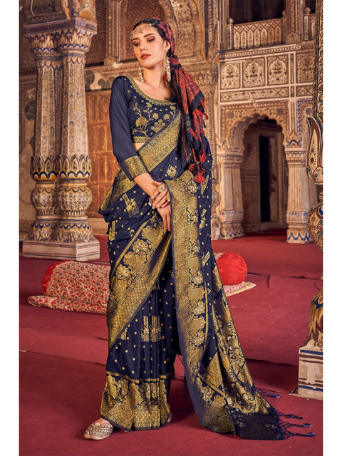 

KARAGIRI Blue & Gold-Toned Ethnic Motifs Zari Saree