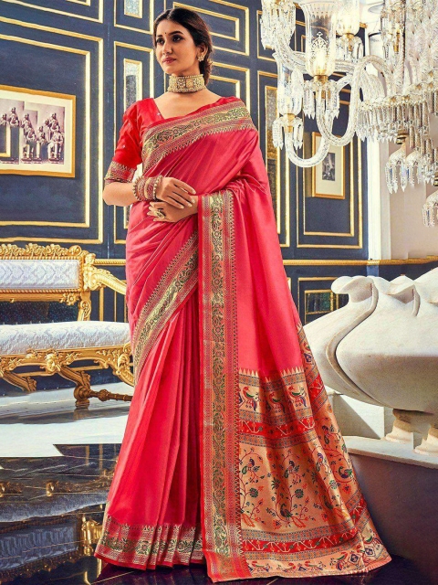 

KARAGIRI Pink & Gold-Toned Ethnic Motifs Zari Saree