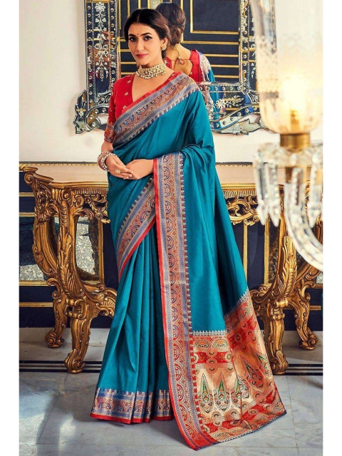 

KARAGIRI Women Blue & Red Woven Design Zari Saree