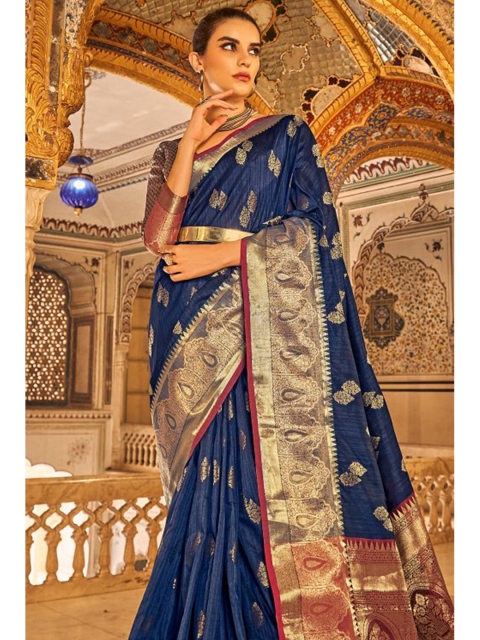 

KARAGIRI Blue & Gold-Toned Ethnic Motifs Zardozi Tussar Silk Saree