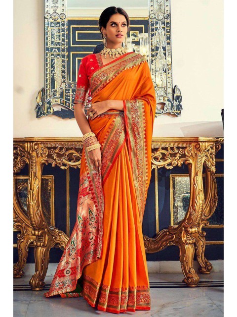 

KARAGIRI Orange & Green Zari Saree