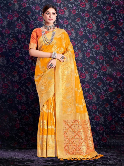 

KARAGIRI Yellow & Gold-Toned Woven Design Zari Saree