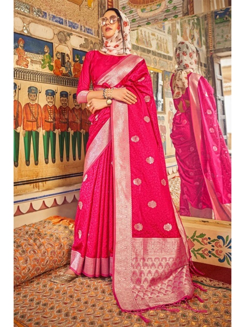 

KARAGIRI Pink & Gold-Toned Ethnic Motifs Zari Satin Saree