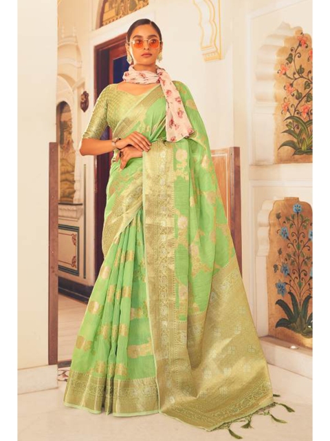 

KARAGIRI Green & Gold-Toned Woven Design Zari Linen Blend Saree