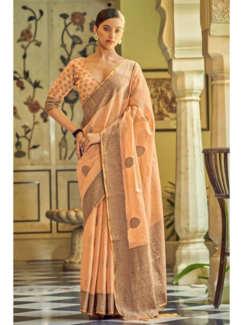 

KARAGIRI Peach-Coloured & Navy Blue Ethnic Motifs Zari Linen Blend Saree