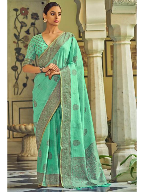 

KARAGIRI Green & Gold-Toned Woven Design Zari Linen Blend Saree