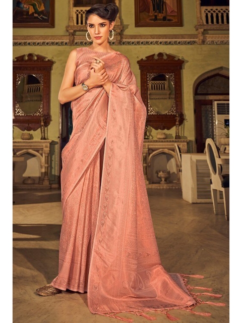 

KARAGIRI Peach-Coloured Ethnic Motifs Zari Silk Blend Kanjeevaram Saree