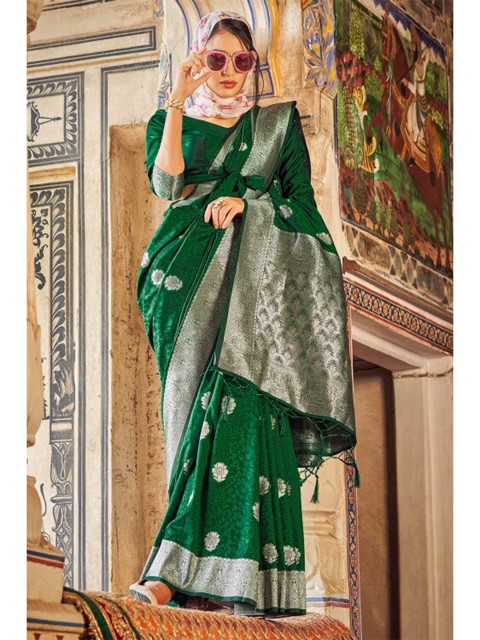 

KARAGIRI Green & Silver-Toned Ethnic Motifs Zari Satin Saree