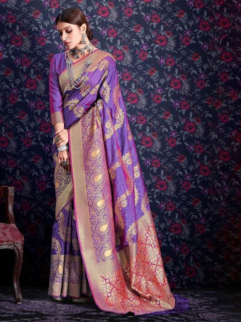 

KARAGIRI Purple & Gold-Toned Floral Zari Saree