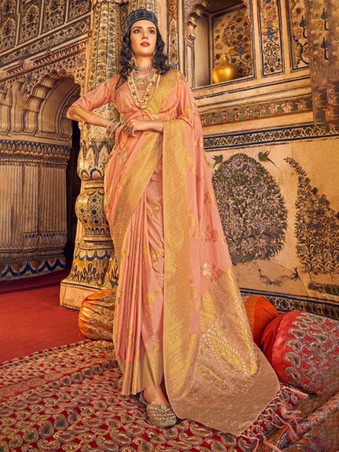 

KARAGIRI Peach-Coloured & Gold-Toned Floral Zari Saree