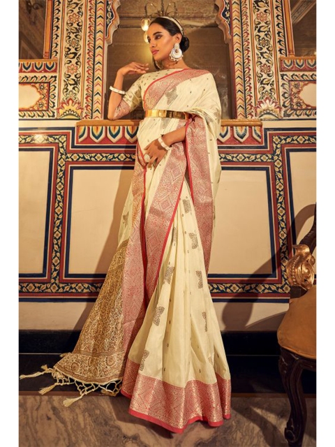 

KARAGIRI White & Pink Woven Design Zari Poly Silk Saree