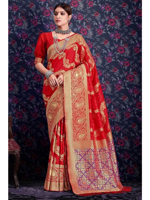 

KARAGIRI Red & Gold-Toned Floral Zari Saree