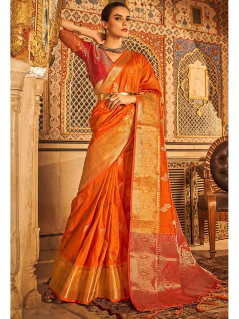

KARAGIRI Orange & Gold-Toned Woven Design Zari Tussar Saree