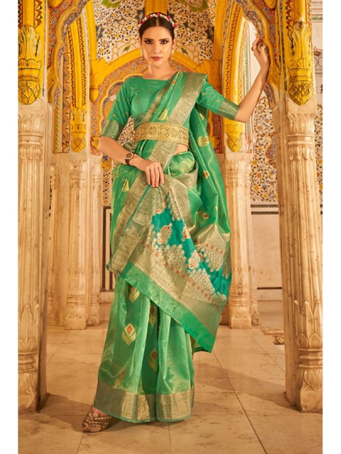 

KARAGIRI Green & Gold-Toned Ethnic Motifs Zari Saree