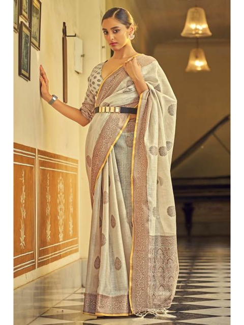 

KARAGIRI Cream-Coloured & Gold-Toned Woven Design Zari Linen Blend Saree