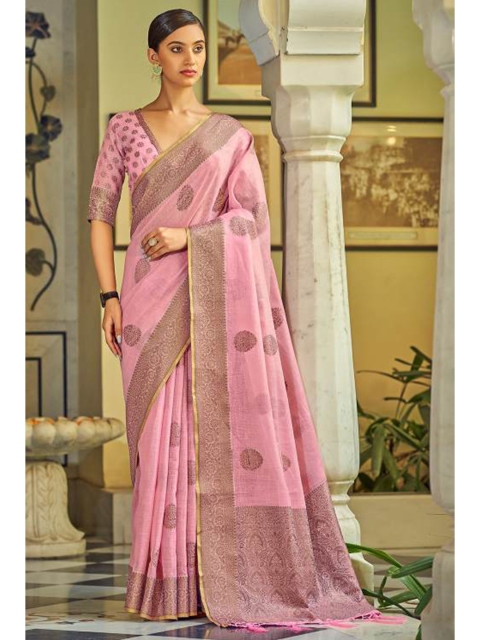 

KARAGIRI Pink & Gold-Toned Ethnic Motifs Zari Linen Blend Saree