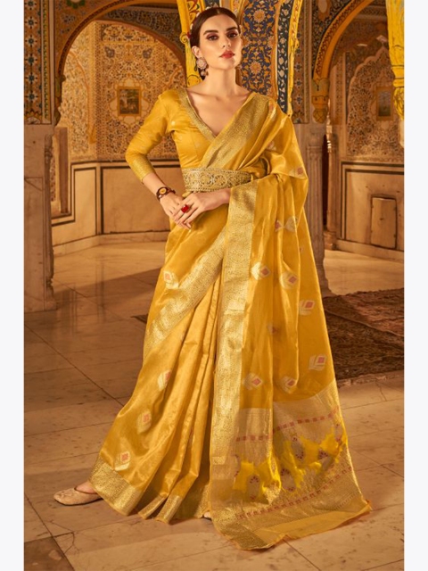 

KARAGIRI Yellow & Gold-Toned Woven Design Zari Saree