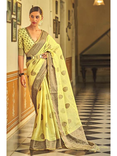 

KARAGIRI Yellow & Gold-Toned Woven Design Zari Linen Blend Saree
