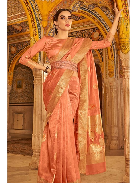 

KARAGIRI Peach-Coloured & Gold-Toned Ethnic Motifs Zari Banarasi Saree